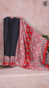 Black and Red Bandhini Ajrakh Luxury Satin Modal Silk Saree